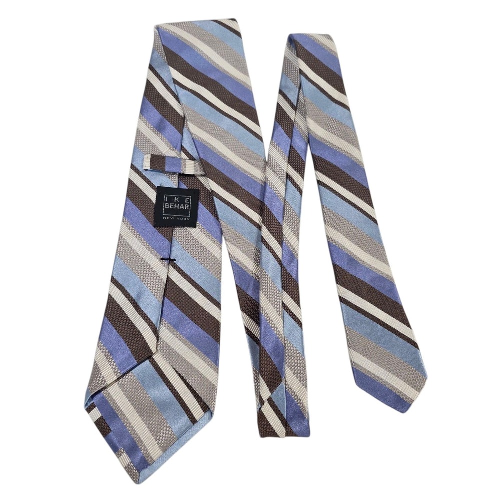 Ike Behar New York Mens Tie Necktie Designer Luxury Blue Brown Silver Striped